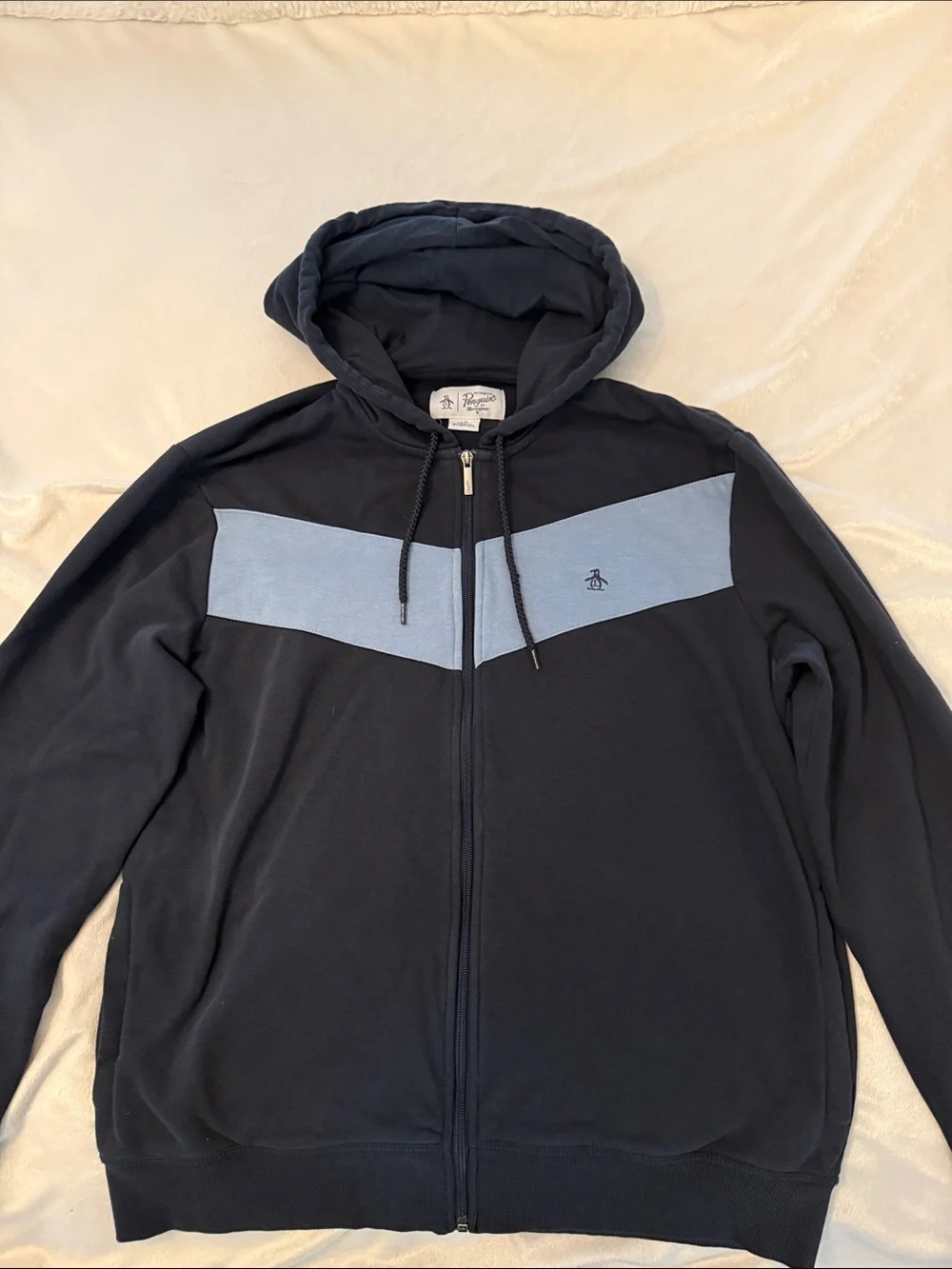Original Penguin Navy Zip-Up Hoodie with Light Blue Chevron -Size Large